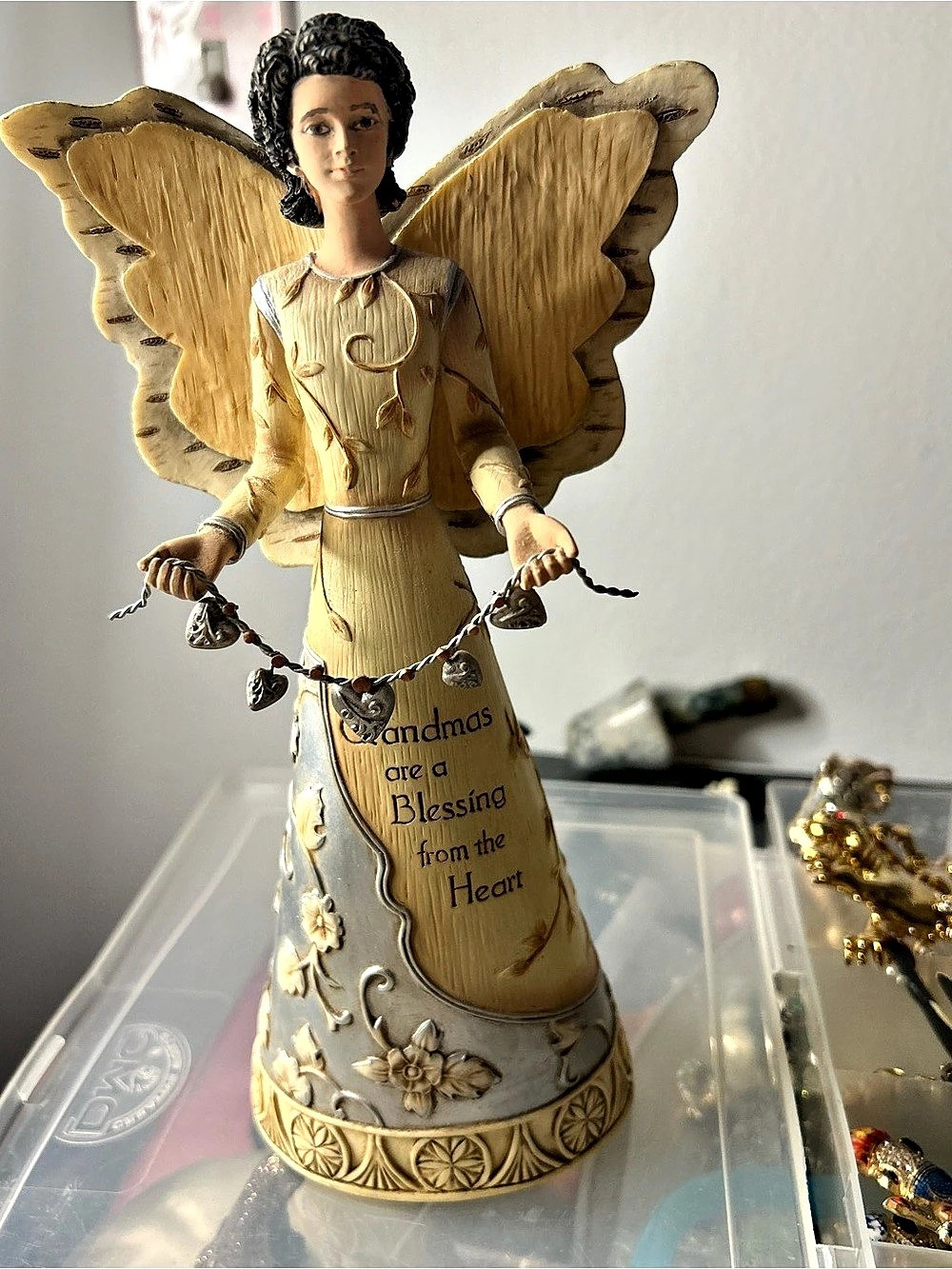 Elements Grandma Angel Figurine Cream Gold Like New birch wood accents pewter